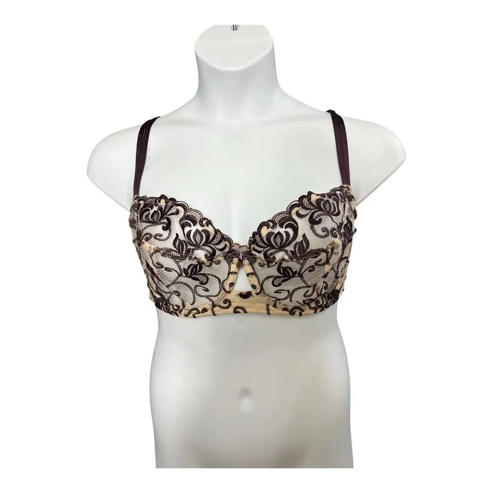 Cacique Purple Lace Sheer Balconette Bra Plus Size 40DD Underwire Embroidered